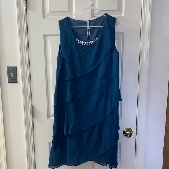 noracora Dresses & Skirts - Chic Asymmetrical Teal Dress with Beaded Neckline